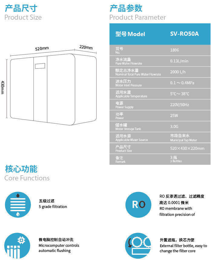 森薇 RO反滲透凈水器SV-RO50A(1806)產品參數